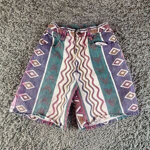 Vintage 90s Jean Shorts Girls 9/10 Aztec Striped Tribal Colorful Logo Retro USA